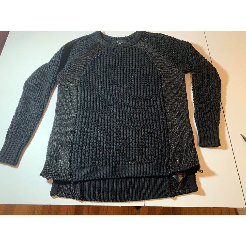 Guess Women's LS Chunky Knit Side Zip Black Sweater w Metallic Threads Medium